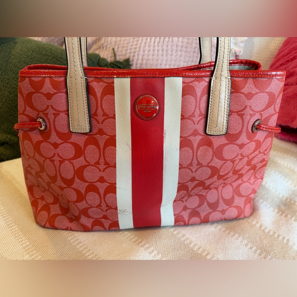 Coach Red and White Signature Tote Bag